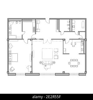 Architectural plan of the apartment. Technical drawing. Top view with a set of furniture and plumbing equipment. Vector isolated Stock Vector