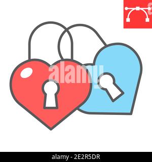 Love lock color line icon, valentines day and wedlock, love padlock sign vector graphics, editable stroke filled outline icon, eps 10. Stock Vector