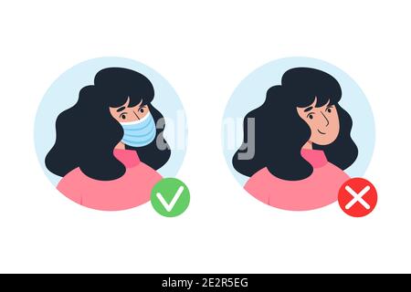A woman in a mask and without a mask, no entry without a mask Stock Vector