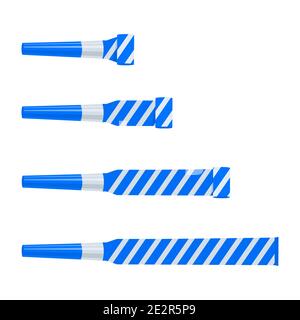 Party blowers, horns, noisemakers, whistles isolated on white background. Top view. Celebration, fun time, kids birthday elements. Vector cartoon illustration. Stock Vector
