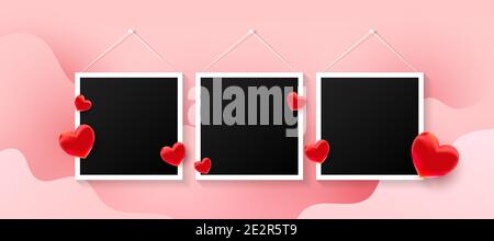Black photo frames set with love air many red sweet hearts shape on a pink background. Vector illustration Stock Vector
