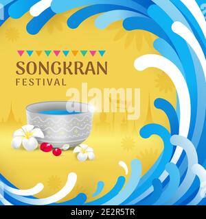 Songkran Thailand water festival banner.Water splash waves frame and copyspace with silhouette Thai landmarks, buddha and water bowl, flowers vector i Stock Vector