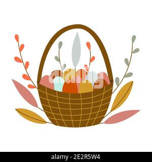 Basket with colored Easter eggs. Willow twigs and leaves. Traditional food and symbol for the Orthodox and Catholic holidays. Happy Easter. Colorful c Stock Vector
