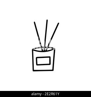 Diffuser or jar of incense sticks. Icon black and white vector illustration doodle isolated. Aromatherapy, spa or meditation concept Stock Vector
