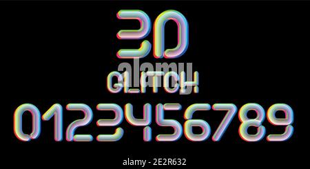 3d Glitch effect font. Numbers from 0 to 9. Trending 2021 typerface design. For music events, banner, flyer, cover design. Stock Vector