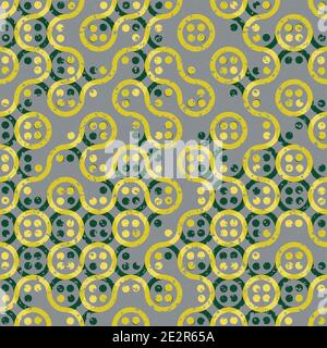 Truchet generative art random circles and wavy lines vector seamless pattern background. Backdrop of yellow and grey wavy, circular shapes and dots Stock Vector