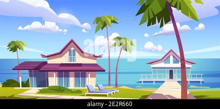 Modern bungalows on island resort beach, tropical summer landscape with houses on piles with terrace, palm trees and ocean view. Wooden private villas, hotel or cottages, Cartoon vector illustration Stock Vector