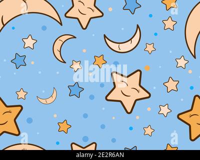 Good night. Sleeping crescent and stars seamless pattern. Night sky. Sweet dream, print for bed linen, pajamas and paper. Vector illustration Stock Vector