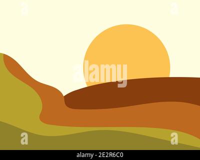 Green hills landscape in minimalist style. Boho decor for prints, posters and interior design. Mid Century modern decor. Green fields. Vector illustra Stock Vector