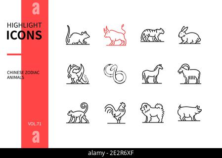 Chinese zodiac animals - line design style icons set. Traditions and New Year national symbols, astrology and horoscope. Rat, ox, tiger, rabbit, drago Stock Vector