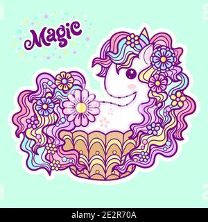 Cute unicorn cupcake on a green background. Kawaii, child's drawing. Vector Stock Vector