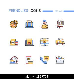 Food delivery - modern line design style icons set. Ordering pizza, lunch and drinks idea. Thermal bag, takeaway food, route and menu, cooking time. W Stock Vector