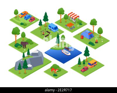 Camping and tourism - set of vector colorful isometric elements. Compositions with a mountain, tents, trees and rocks, wild animals, campsites. Bonfir Stock Vector