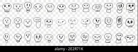 Various skull faces doodle set. Collection of hand drawn spooky skulls faces of different shapes and expressions isolated on transparent background. Illustration of skulls for kids  Stock Vector
