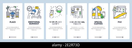 Workplace safety, protective clothes, occupational health. Mobile app onboarding screens, vector website banner template Stock Vector
