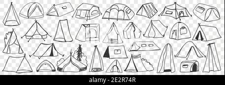Various camping tents doodle set. Collection of hand drawn camping temporary house tents for traveling tourism isolated on transparent background. Illustration of textile tents for staying on nature Stock Vector