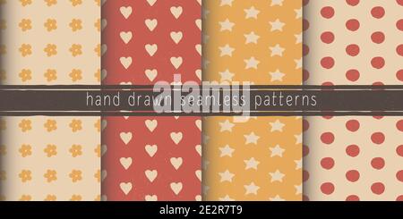 Set of hand drawn vector seamless patterns. Hearts, dots, stars, flowers. Doodle drawing with colored pencils. Ideal for textiles, paper, design Stock Vector