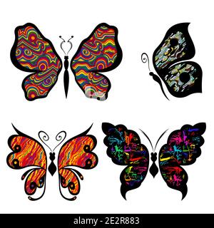 Set of four beautiful decorative butterflies with multicolor elements isolated on a white background, hand drawing illustration Stock Vector