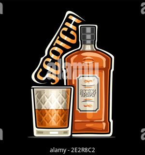Vector logo for Scotch, illustration of brown classic bottle with decorative label and half full cut crystal whisky tumbler, placard with unique desig Stock Vector