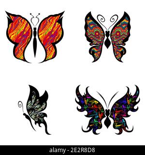 Set of four beautiful butterflies with multicolor elements isolated on a white background, hand drawing illustration Stock Vector
