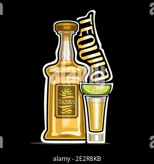 Vector logo for Tequila, outline illustration of yellow bottle with decorative label and full glass shot with lemon slice, placard with unique design Stock Vector