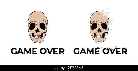 Human skull and game over pixel art isolated on white background Stock Vector