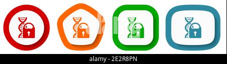 Dna code information security vector icon set, flat design buttons on white background Stock Vector