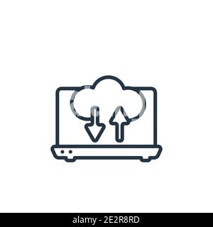 Laptop connected to cloud outline vector icon. Thin line black laptop connected to cloud icon, flat vector simple element illustration from editable c Stock Vector