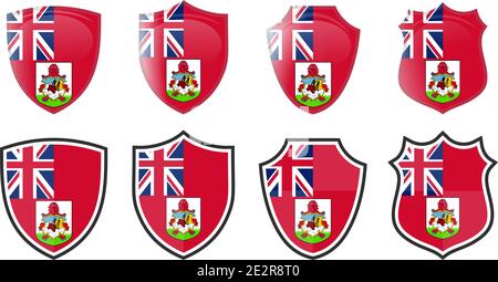 Vertical Bermuda flag in shield shape, four 3d and simple versions. Bermudian icon / sign Stock Vector