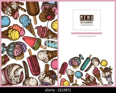 Menu cover design with colored ice cream bowls, ice cream bucket, popsicle ice cream, ice cream cones, ice cream scoop, ice cream balls Stock Vector
