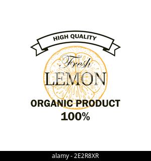 Lemon fruit logo with hand drawn element isolated on white background. Vector illustration in vintage style Stock Vector