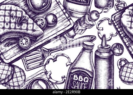 Artistic seamless pattern with spatula, kebab, steak, sauce bottles, grilled burger patties, grilled tomato, grilled bell pepper Stock Vector