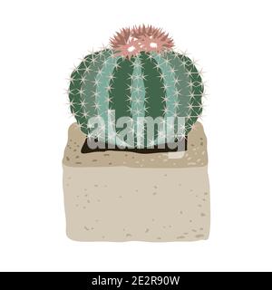 Cute cactus with pink flowers in a cement pot. Vector illustration isolated on a white background. Stock Vector