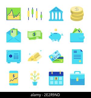 Finance and money icon set in flat style. Banking and investment activities symbols isolated on white background. Vector illustration. Stock Vector