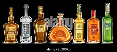 Vector Set of Alcohol Bottles, group of cut out illustrations of hard spirit drinks in bottles with decorative labels, lot collection of cartoon liquo Stock Vector