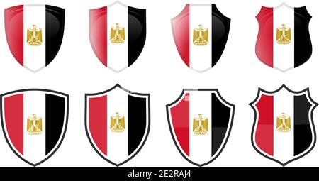 Vertical Egypt flag in shield shape, four 3d and simple versions. Egyptian icon / sign Stock Vector