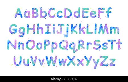 Cute colorful vector English alphabet with effect of liquid spots of paint in blue, green, pink colors, isolated on white background, perfect for print, poster. Stock Vector