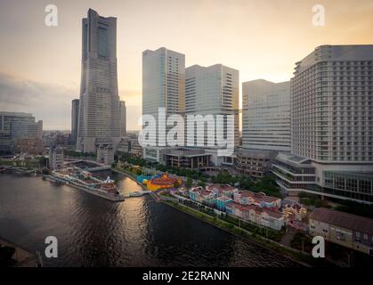 Yokohama skyline and Cosmoworld amusement park, as seen from the Cosmo Clock 21 Ferris wheel in Minato-Mirai, Yokohama, Kanagawa Prefecture, Japan. Stock Photo