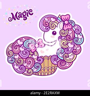 Cute unicorn cupcake on a pink background. Kawaii, child's drawing. Vector Stock Vector