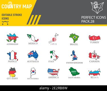 Map of country color line icon set, country flag collection, vector sketches, logo illustrations, map countries icons, travel signs filled outline Stock Vector