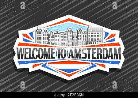 Vector logo for Amsterdam, white decorative badge with outline illustration of amsterdam city scape on day sky background, design fridge magnet with u Stock Vector