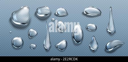 Water drops, clear dews of different shapes, dripping and lying hydration liquid pure droplets, scatter aqua bubbles, glass balls, spheres isolated on transparent background, Realistic 3d vector set Stock Vector