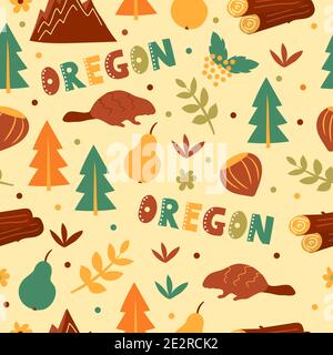 USA collection. Vector illustration of Oregon theme. State Symbols - seamless pattern Stock Vector