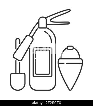 Fire extinguisher icon vector in outline style. Elements of extinguish fire, shovel, flare bucket are shown. Stock Vector