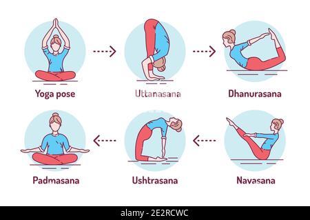 Yoga color line icons set. Different yoga poses and asanas. Pictogram for web page, mobile app, promo. UI UX GUI design element. Editable stroke. Stock Vector