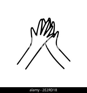 Two hands giving a high five. Great work. Friendship and cooperation concept. Black and white vector isolated illustration doodle Stock Vector