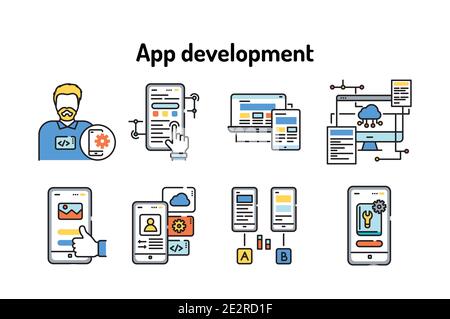 App development black line icons set. Creating and using a mobile application. Pictograms for web page, mobile app, promo. UI UX GUI design elements Stock Vector