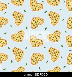 Seamless repeat cute pattern of Yellow Heart shaped pizza with cheese and basil. Blue background, green leaves are around Stock Vector
