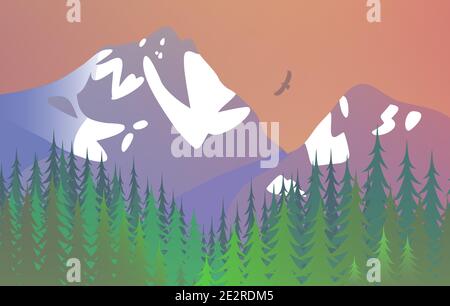 Nature with snowy mountains. Coniferous trees. Beautiful scenic landscape. Vector illustration. Stock Vector