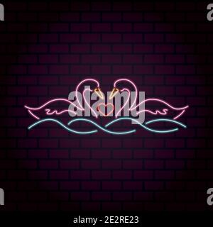 Neon sign two swans in love with a heart Stock Vector
